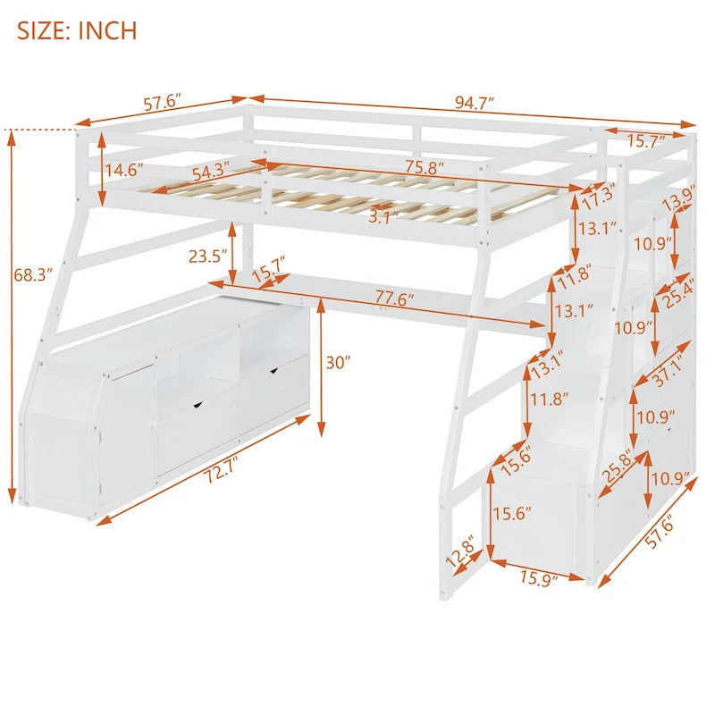 White Full Size Wood Loft Bed with Drawers, Shelves & Desk