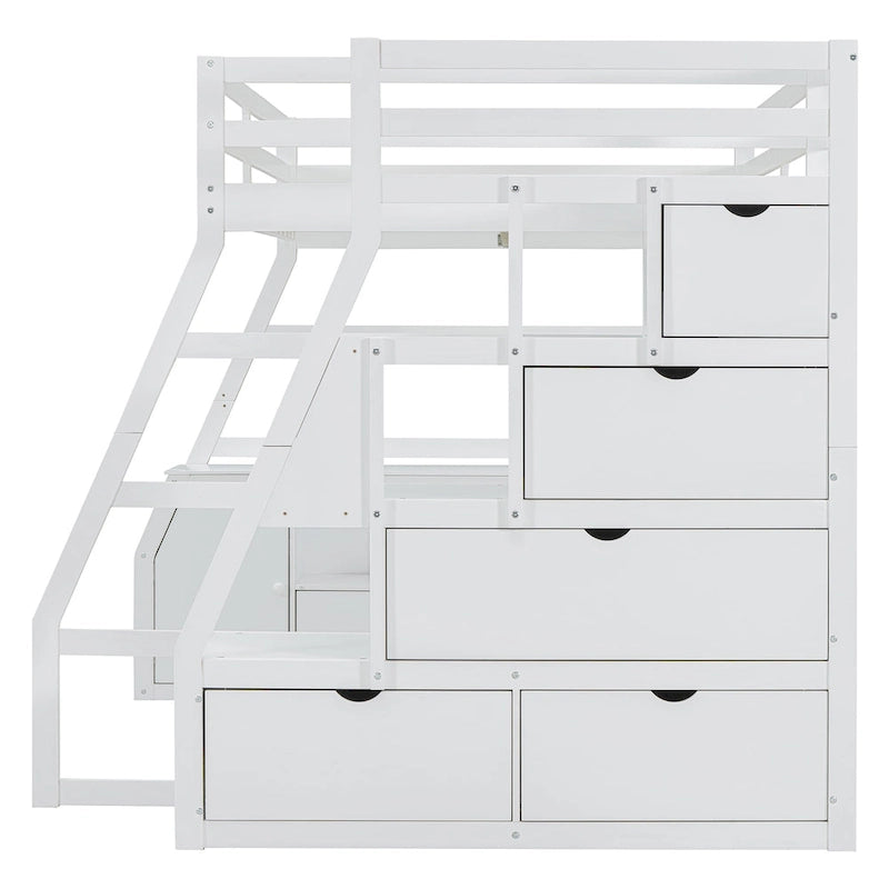 White Full Size Wood Loft Bed with Drawers, Shelves & Desk