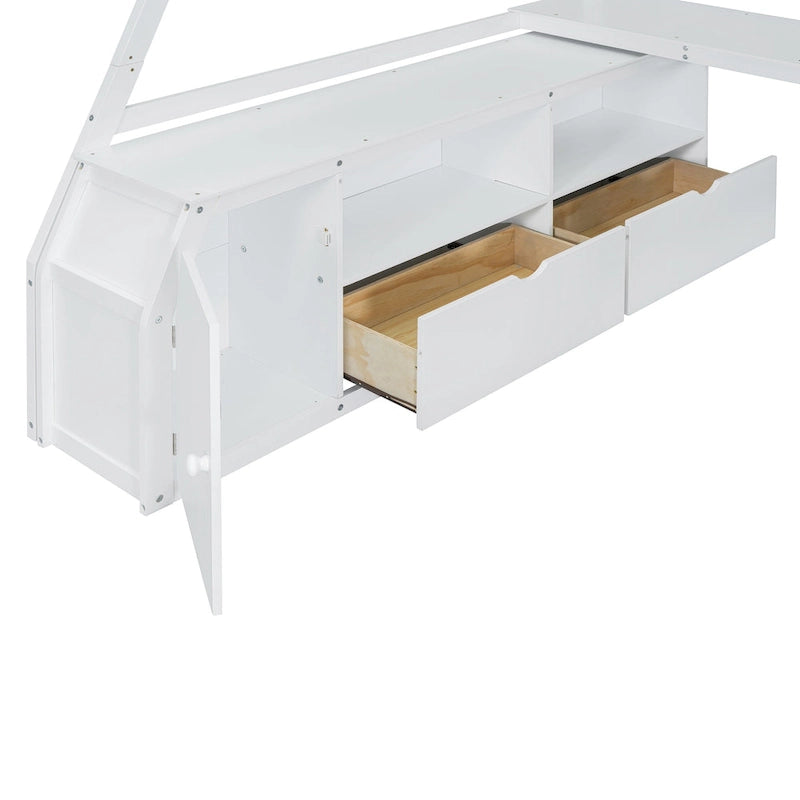White Full Size Wood Loft Bed with Drawers, Shelves & Desk