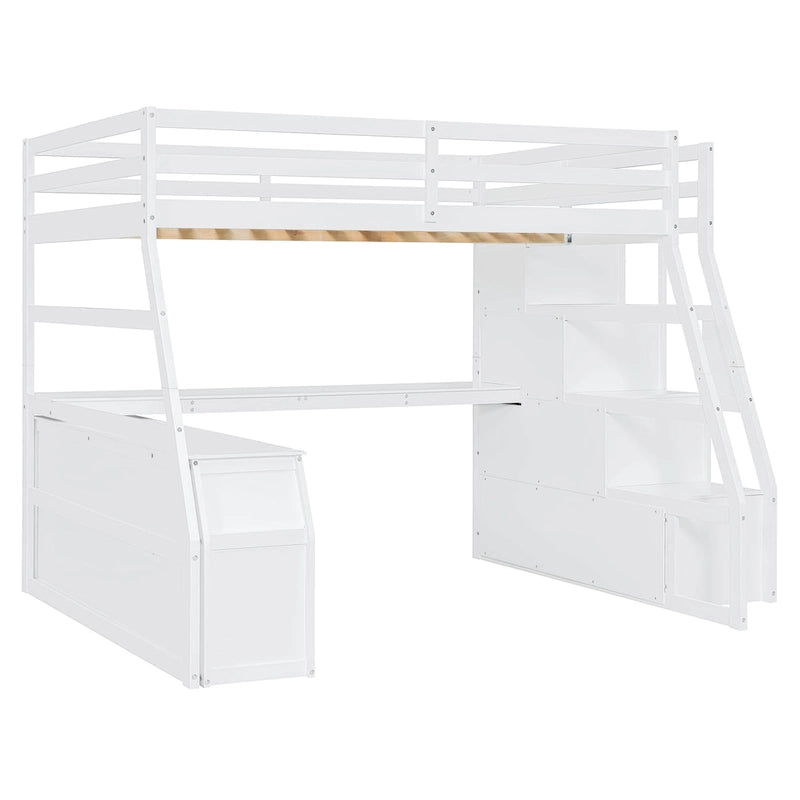 White Full Size Wood Loft Bed with Drawers, Shelves & Desk