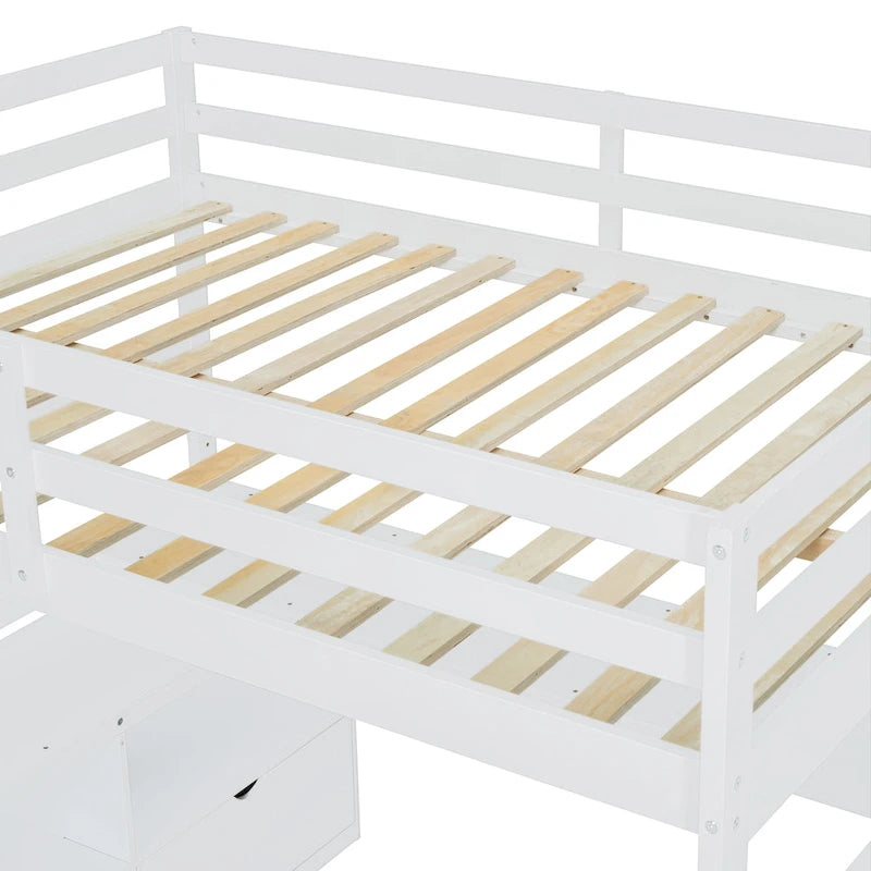 White Full Size Wood Loft Bed with Drawers, Shelves & Desk
