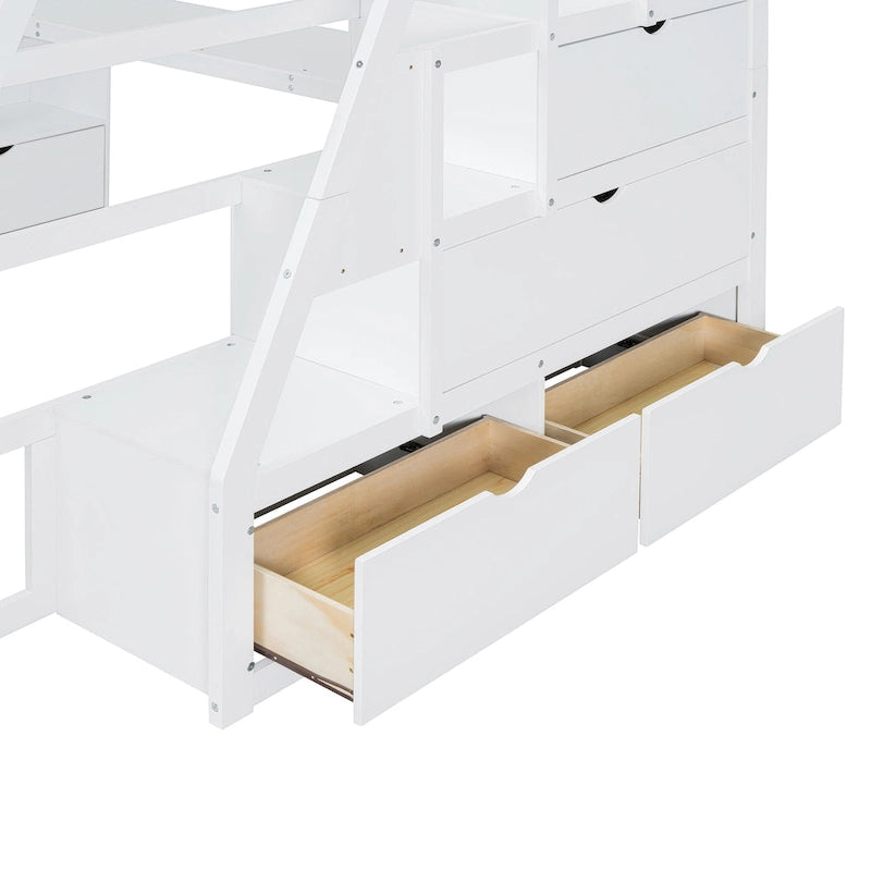 White Full Size Wood Loft Bed with Drawers, Shelves & Desk