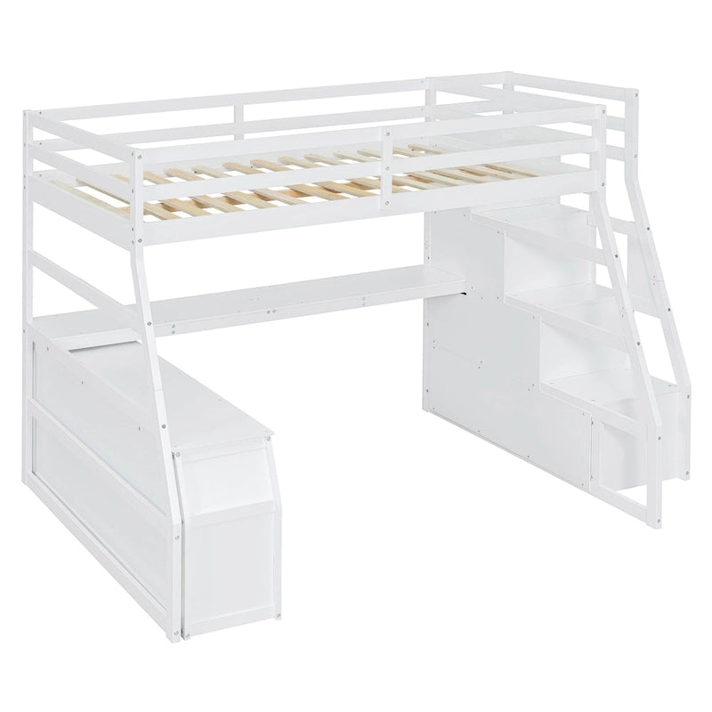 White Full Size Wood Loft Bed with Drawers, Shelves & Desk