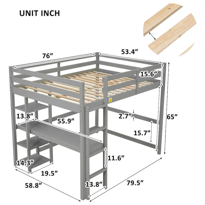 Grey Full Size Wood Loft Bed with Built-in Desk and Safety Guardrails