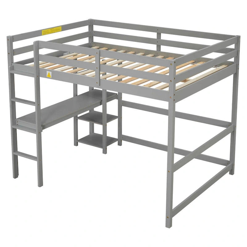 Grey Full Size Wood Loft Bed with Built-in Desk and Safety Guardrails