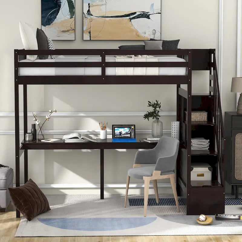 Twin Pine Loft Bed with Desk and Staircase