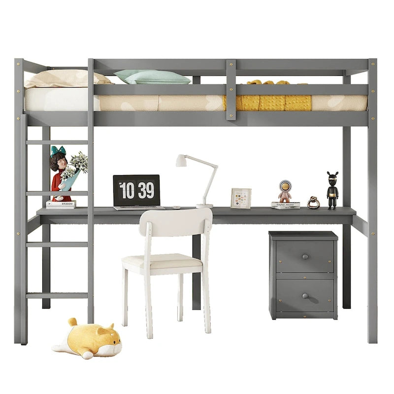 Grey Twin Size Wood Loft Bed with Desk, Storage, and Ladder