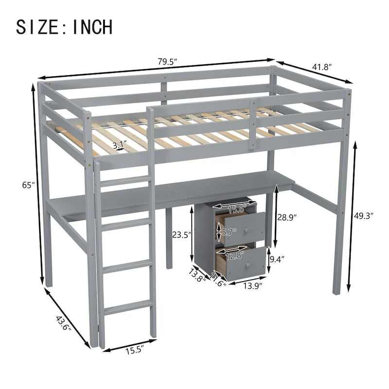 Grey Twin Size Wood Loft Bed with Desk, Storage, and Ladder
