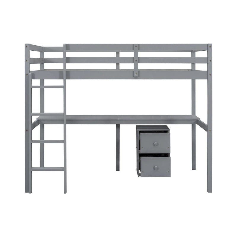 Grey Twin Size Wood Loft Bed with Desk, Storage, and Ladder