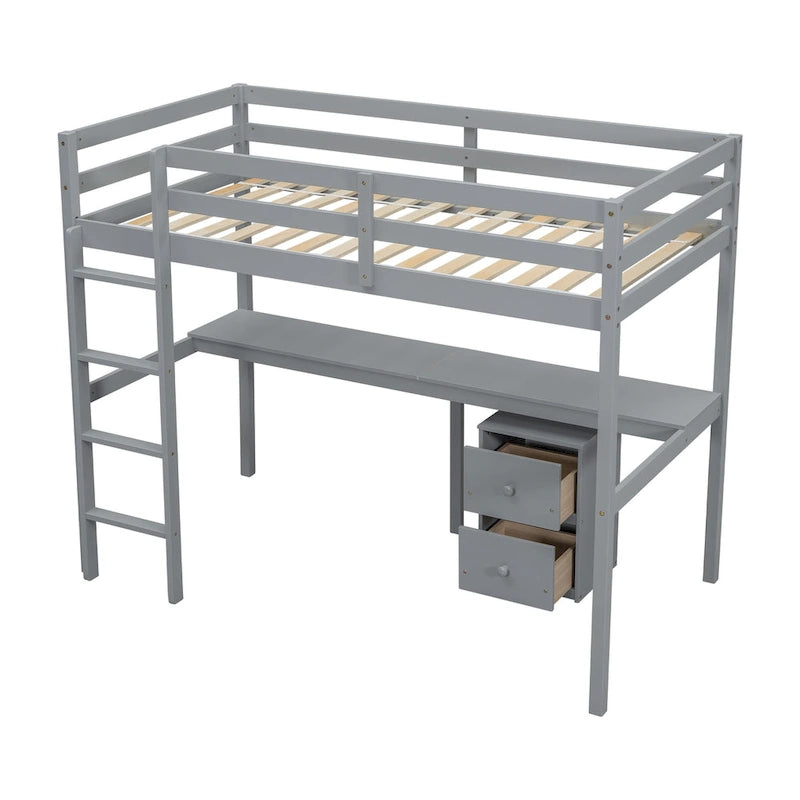 Grey Twin Size Wood Loft Bed with Desk, Storage, and Ladder