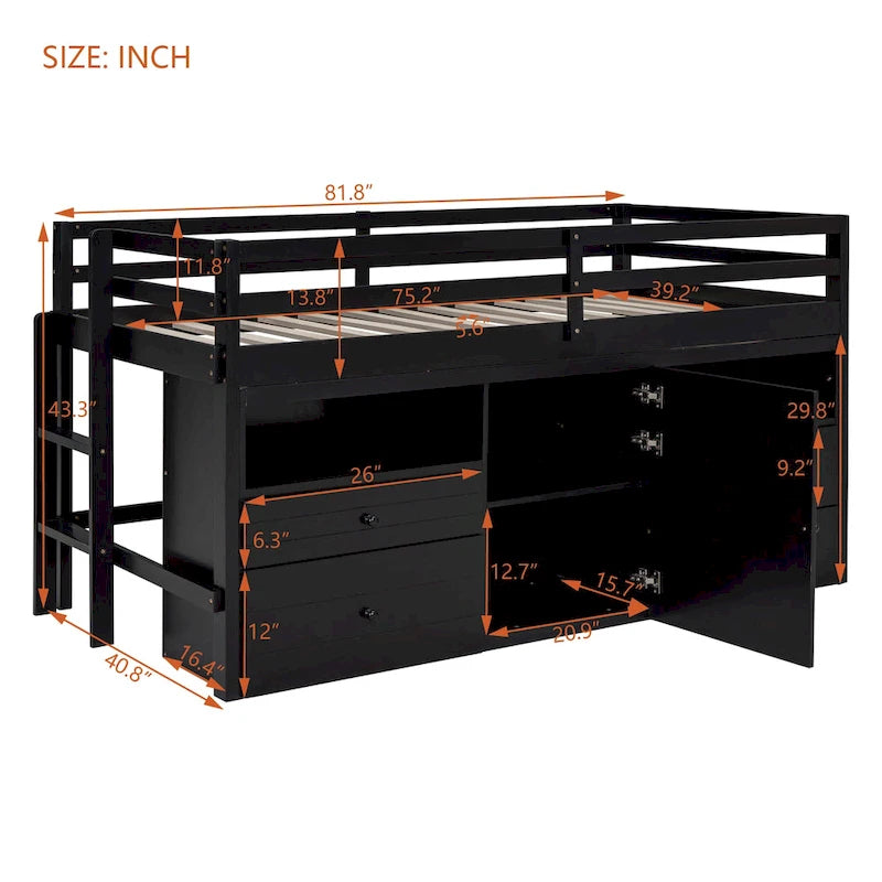 Espresso Twin Solid Wood Loft Bed with Drawers & Cabinet