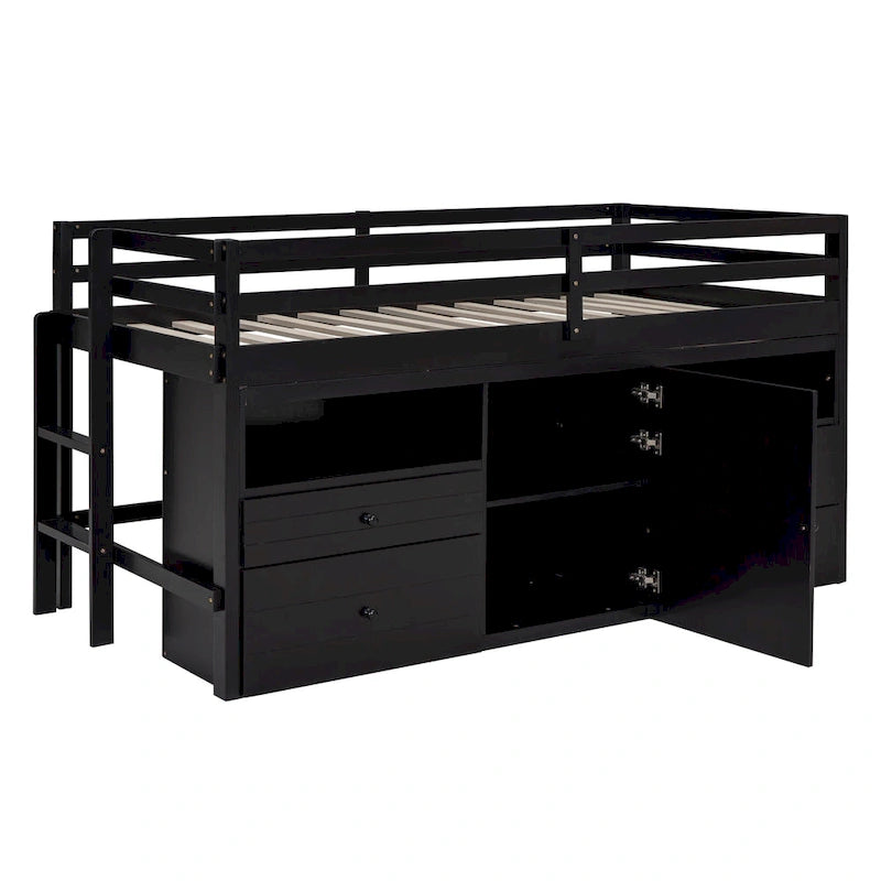 Espresso Twin Solid Wood Loft Bed with Drawers & Cabinet