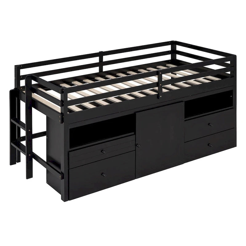 Espresso Twin Solid Wood Loft Bed with Drawers & Cabinet