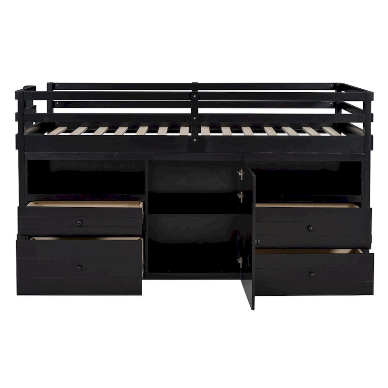 Espresso Twin Solid Wood Loft Bed with Drawers & Cabinet