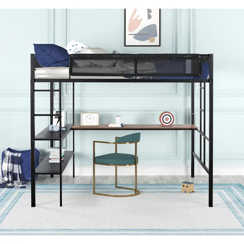 Black Full Size Metal Loft Bed with Desk, Shelves, and Guardrail