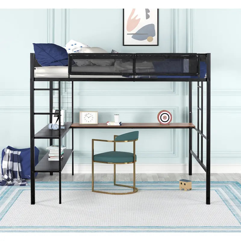 Black Full Size Metal Loft Bed with Desk, Shelves, and Guardrail