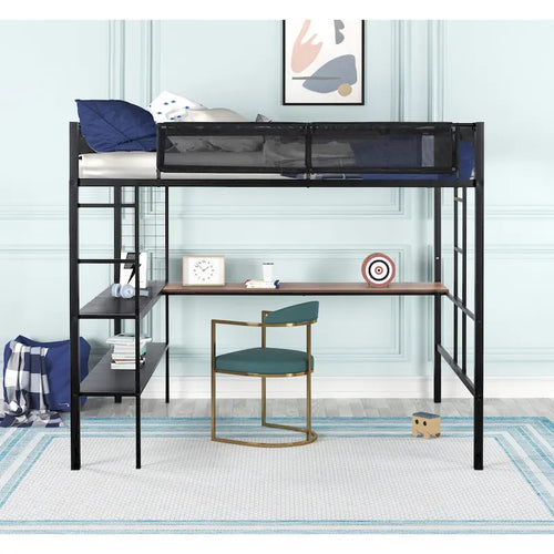 Black Full Size Metal Loft Bed with Desk, Shelves, and Guardrail
