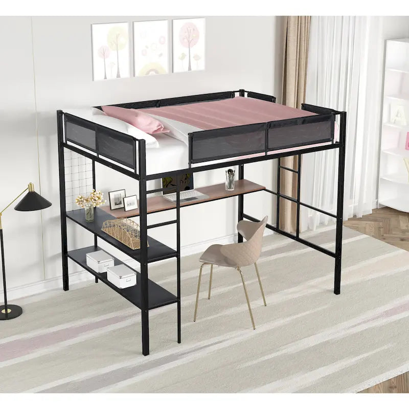 Black Full Size Metal Loft Bed with Desk, Shelves, and Guardrail