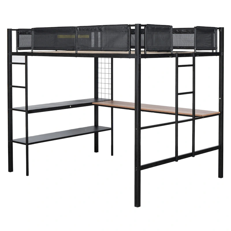 Black Full Size Metal Loft Bed with Desk, Shelves, and Guardrail