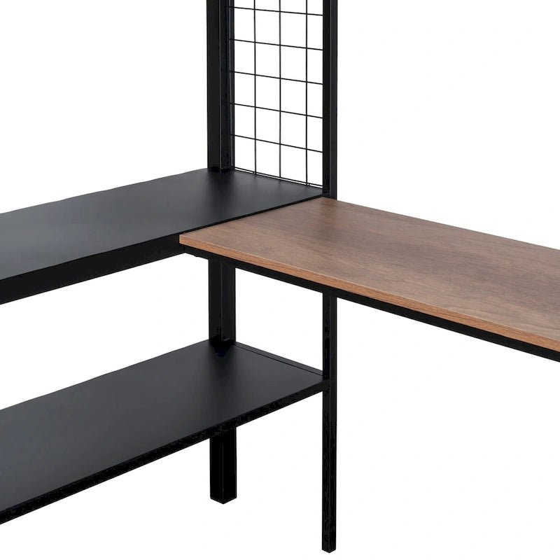 Black Full Size Metal Loft Bed with Desk, Shelves, and Guardrail