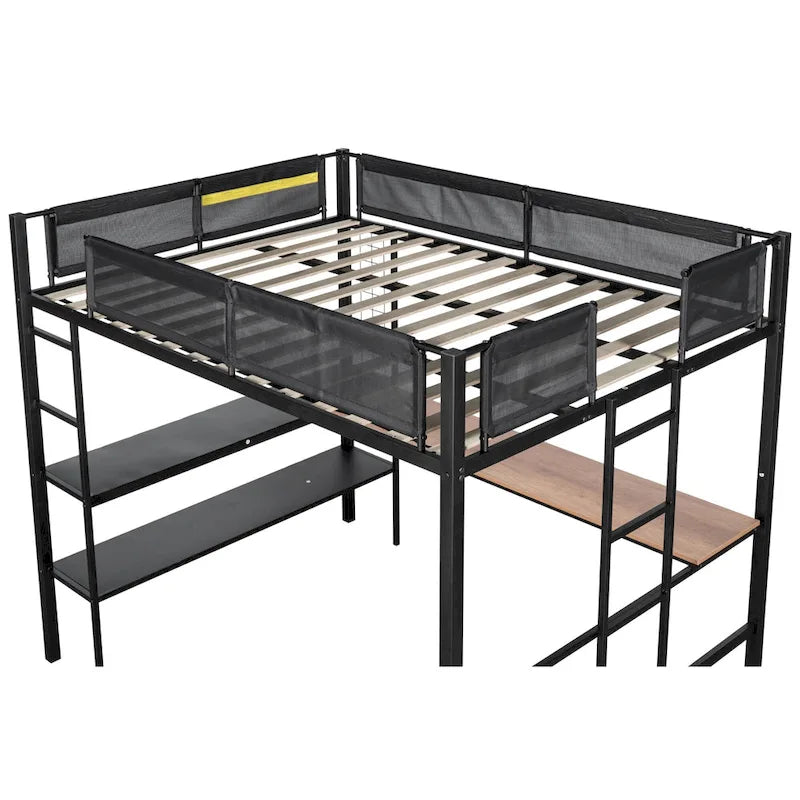 Black Full Size Metal Loft Bed with Desk, Shelves, and Guardrail