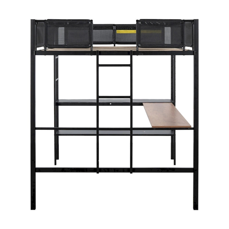 Black Full Size Metal Loft Bed with Desk, Shelves, and Guardrail