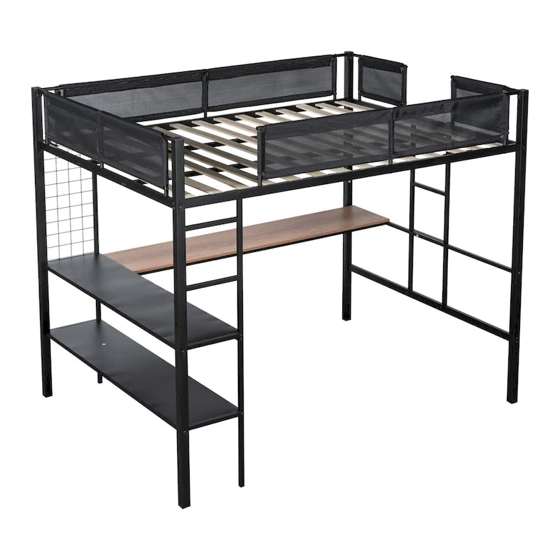 Black Full Size Metal Loft Bed with Desk, Shelves, and Guardrail