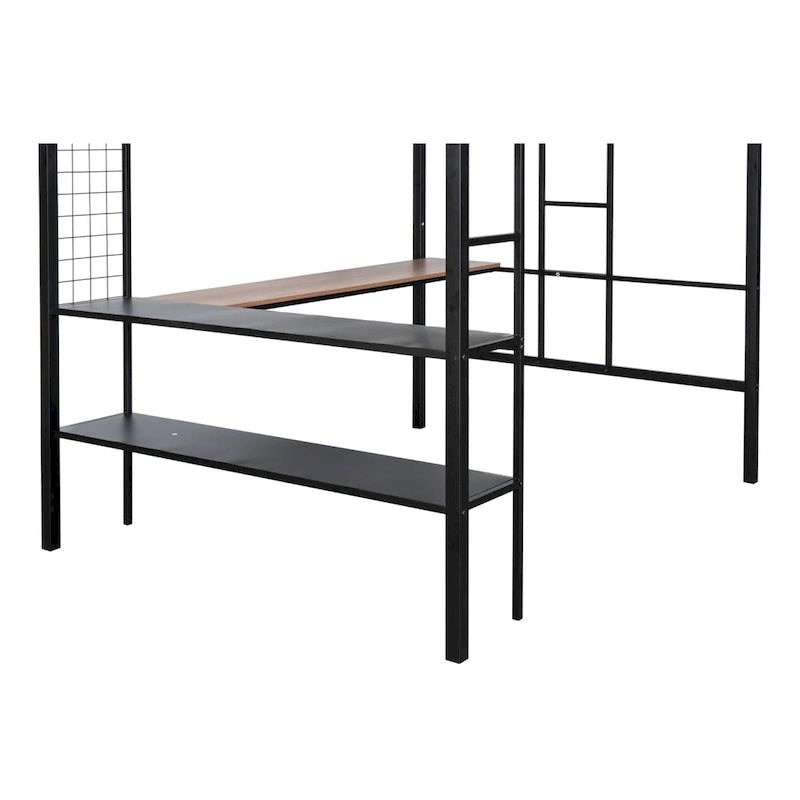 Black Full Size Metal Loft Bed with Desk, Shelves, and Guardrail