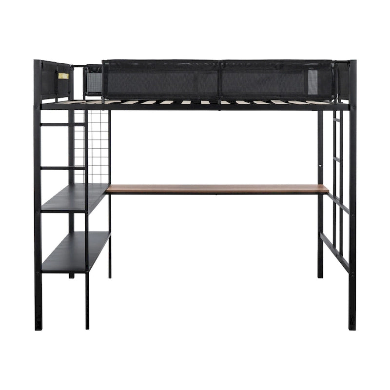 Black Full Size Metal Loft Bed with Desk, Shelves, and Guardrail