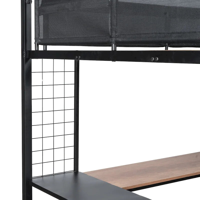 Black Full Size Metal Loft Bed with Desk, Shelves, and Guardrail