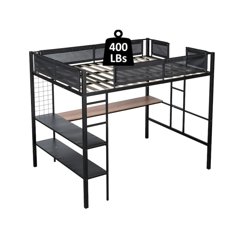 Black Full Size Metal Loft Bed with Desk, Shelves, and Guardrail