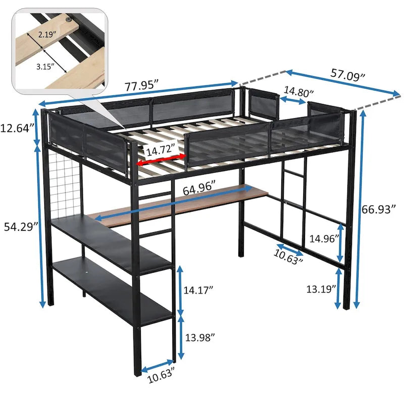 Black Full Size Metal Loft Bed with Desk, Shelves, and Guardrail