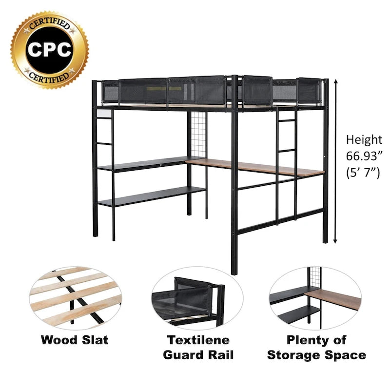 Black Full Size Metal Loft Bed with Desk, Shelves, and Guardrail