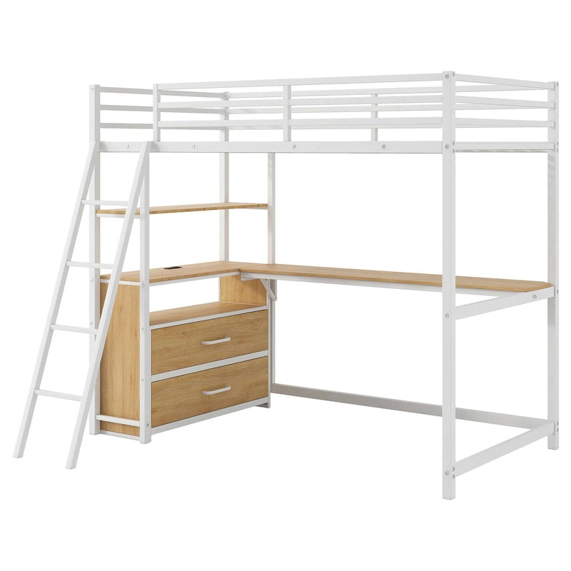 Oak Natural Wood + Antique White Twin Metal Wood Loft Bed with Desk & LED Light