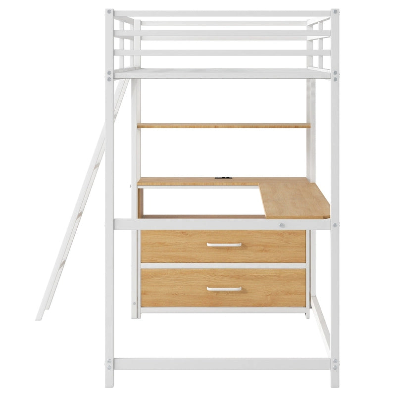 Oak Natural Wood + Antique White Twin Metal Wood Loft Bed with Desk & LED Light