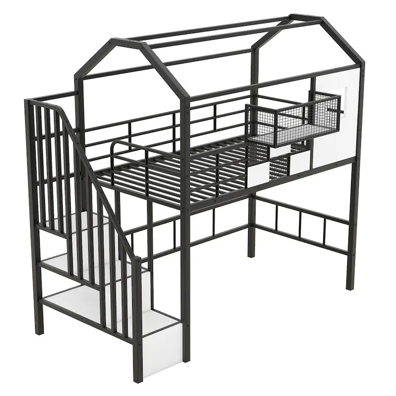 Twin Metal House Loft Bed with Roof, Storage Box, and Ladder