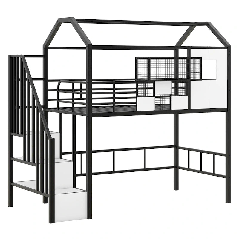 Twin Metal House Loft Bed with Roof, Storage Box, and Ladder