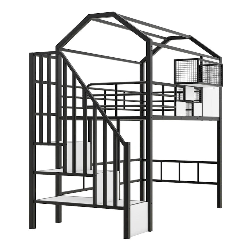 Twin Metal House Loft Bed with Roof, Storage Box, and Ladder