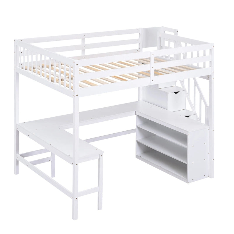 White Full Size Pine Wood Loft Bed with L-Shaped Desk and Storage