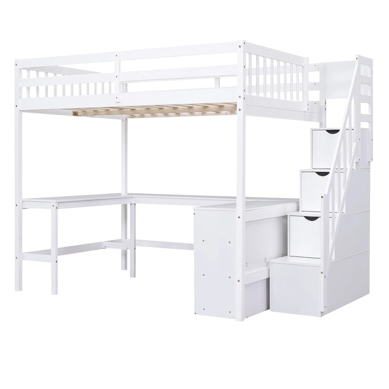 White Full Size Pine Wood Loft Bed with L-Shaped Desk and Storage