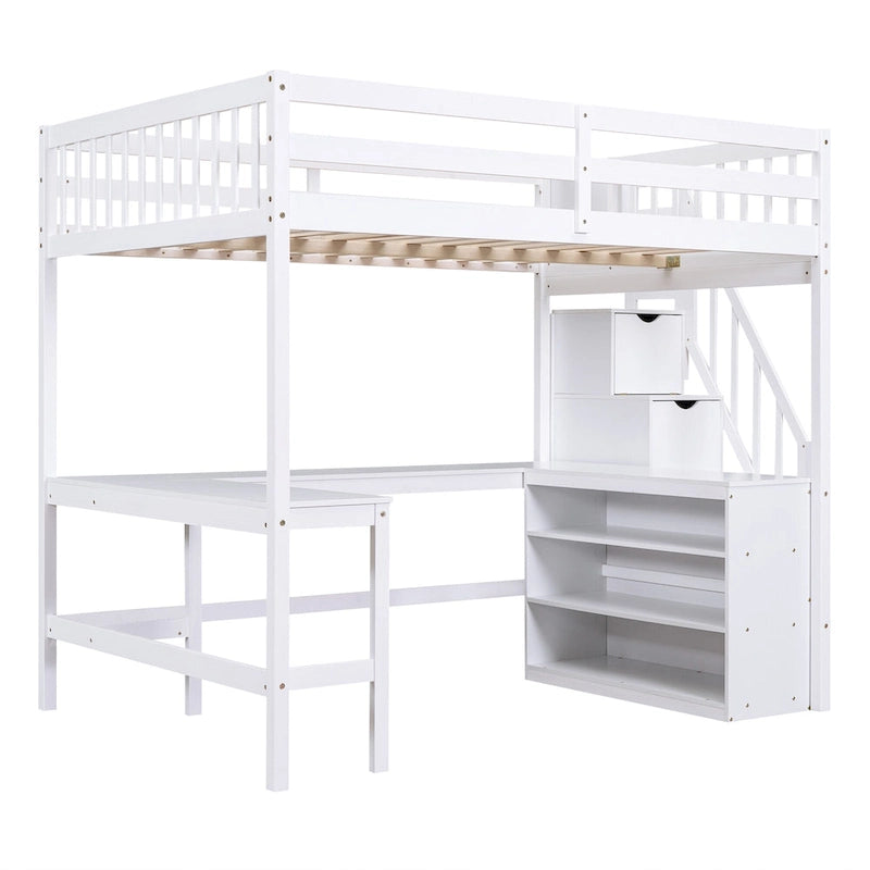 White Full Size Pine Wood Loft Bed with L-Shaped Desk and Storage