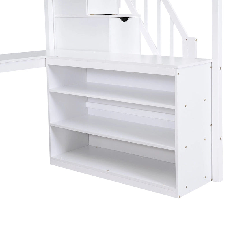White Full Size Pine Wood Loft Bed with L-Shaped Desk and Storage
