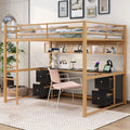 Gold+Black Full Metal Loft Bed with Desk, Drawers & Charging Station