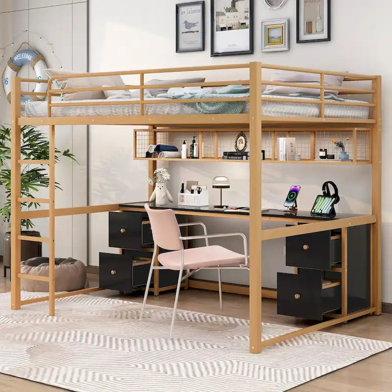 Gold+Black Full Metal Loft Bed with Desk, Drawers & Charging Station