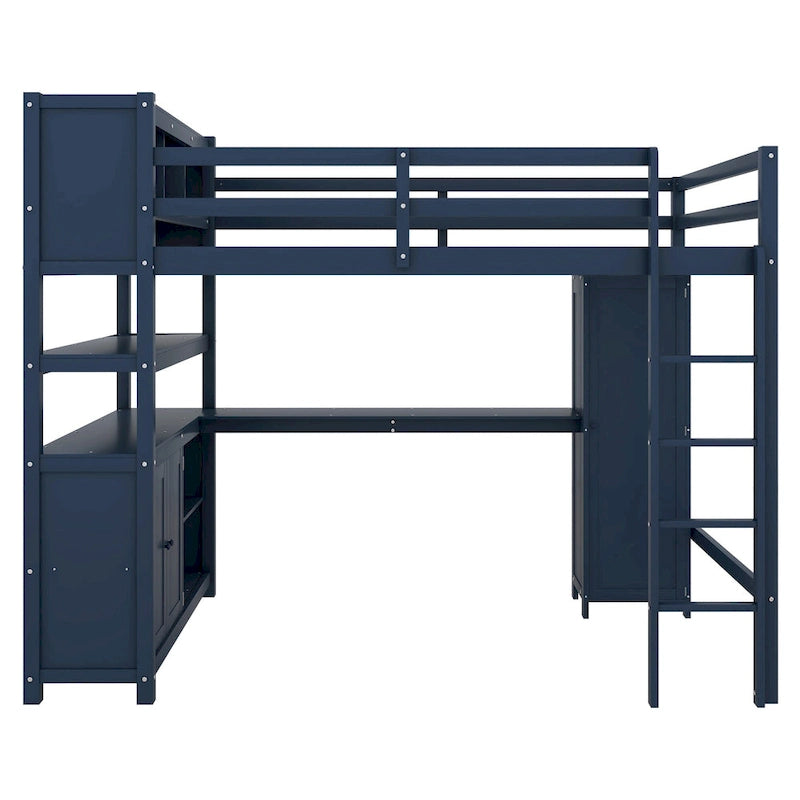 Dark Blue Full Size Pine Wood Loft Bed with Cabinet, Bookshelf, and Desk