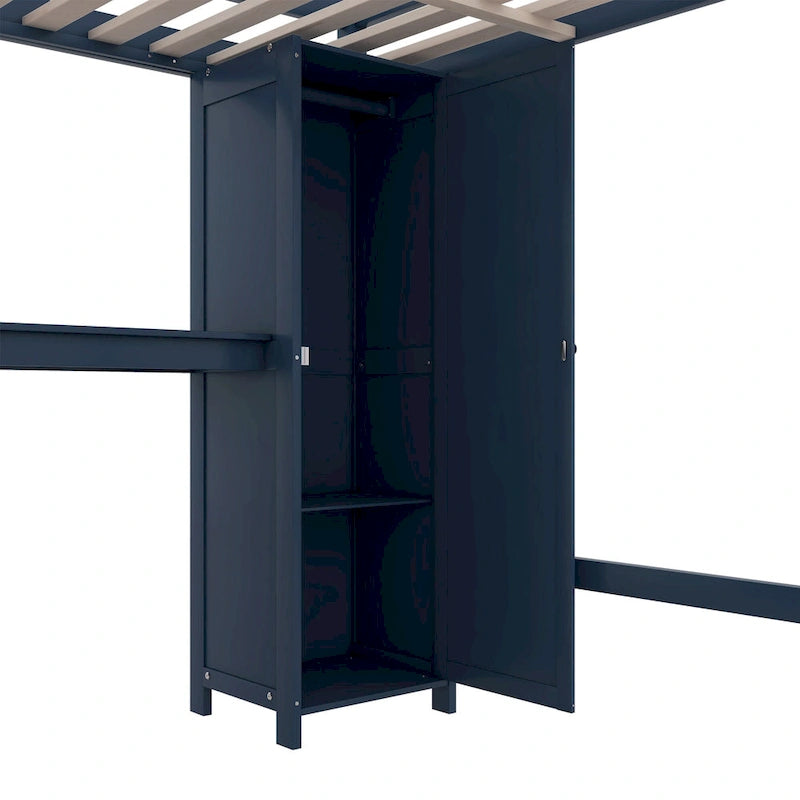 Dark Blue Full Size Pine Wood Loft Bed with Cabinet, Bookshelf, and Desk
