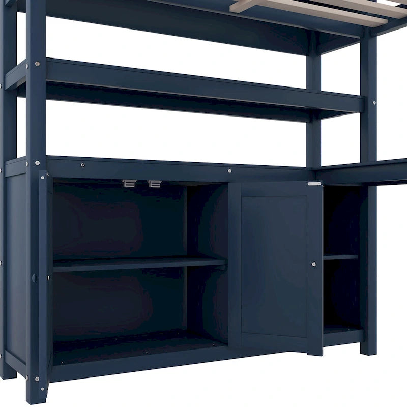 Dark Blue Full Size Pine Wood Loft Bed with Cabinet, Bookshelf, and Desk