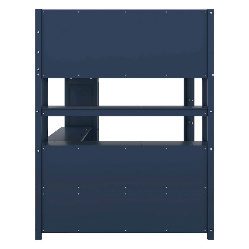Dark Blue Full Size Pine Wood Loft Bed with Cabinet, Bookshelf, and Desk