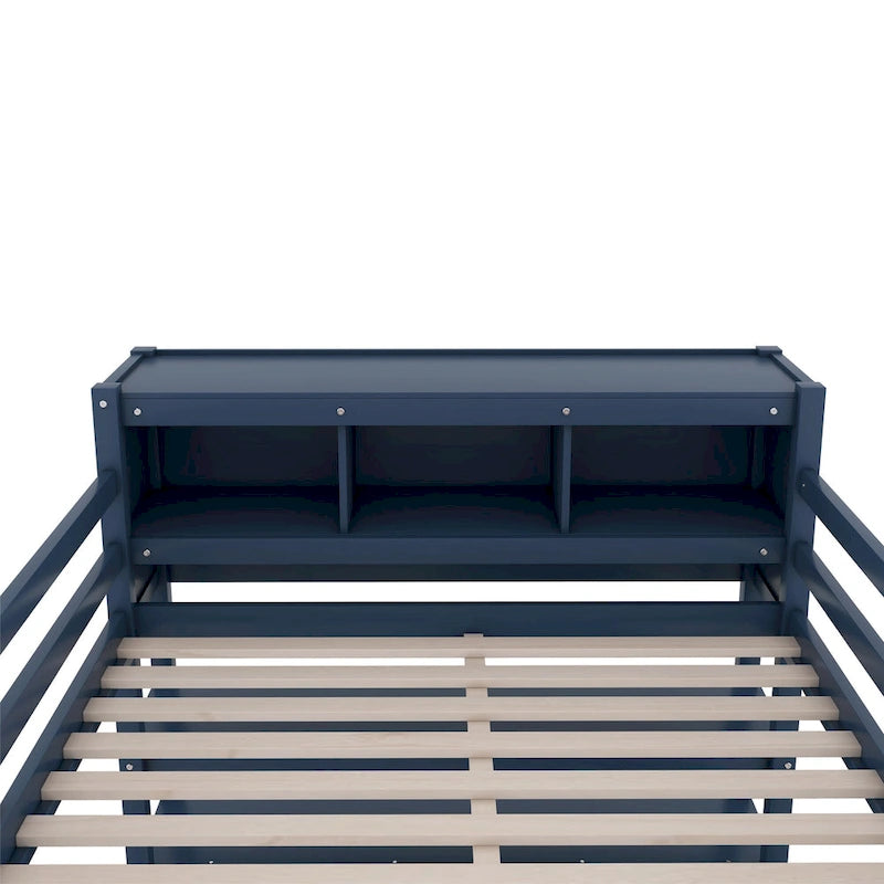 Dark Blue Full Size Pine Wood Loft Bed with Cabinet, Bookshelf, and Desk