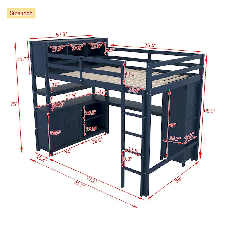Dark Blue Full Size Pine Wood Loft Bed with Cabinet, Bookshelf, and Desk